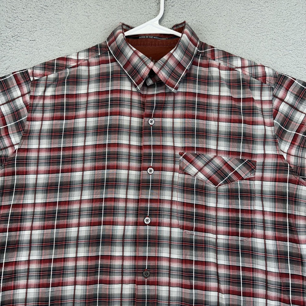 Kuhl Shirt Mens Medium Red Black Plaid Short Sleeve Button Up Mountain Grown
